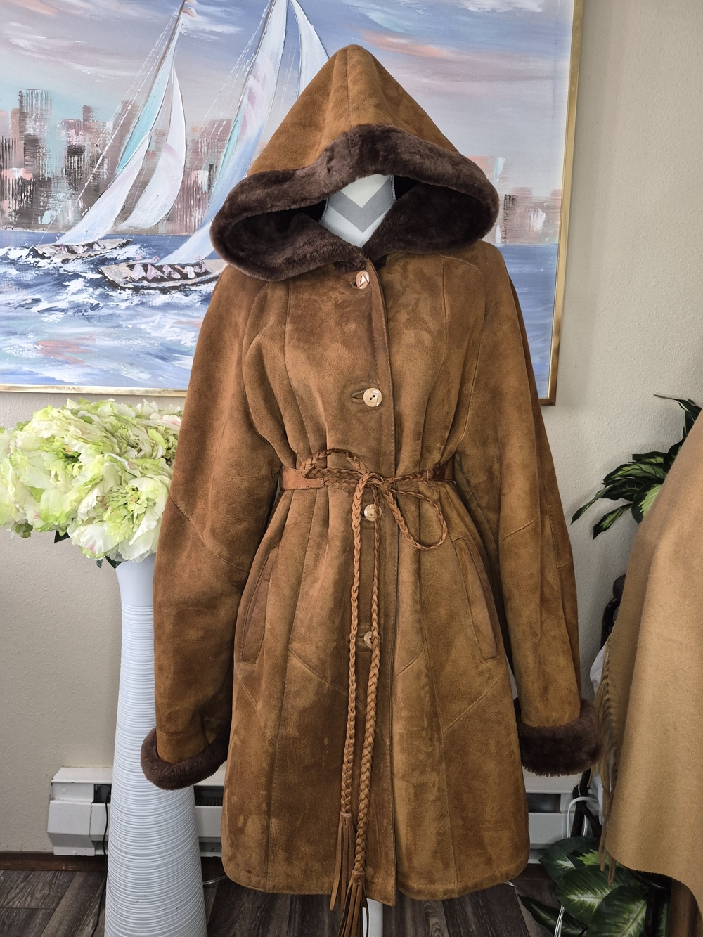 Vintage Mipel Brown Suede Hooded Shearling Coat